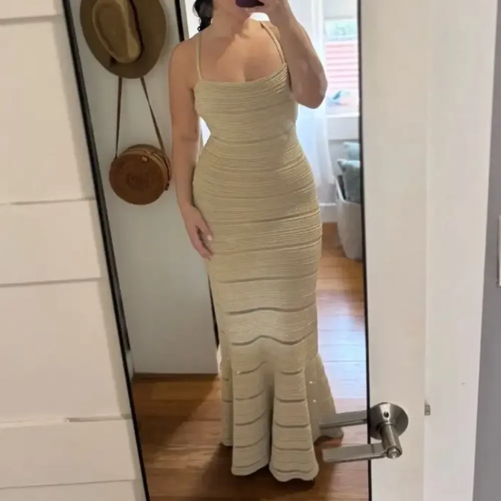 Herve Leger Gold Bandage Gown LARGE Mermaid Metallic Formal Party Designer $1590 - Picture 5 of 14